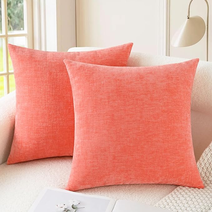 CaliTime Throw Pillow Covers Decorative 18 X 18 Inches Pack of 2 Cozy Chenille Cushion Cases for Couch Sofa Bed Living Room Home Living Coral