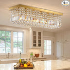 Siljoy Modern Crystal Chandelier 6-Lights Rectangle Flush Mount Pendant Ceiling Light Fixture Luxury Gold Rectangular K9 Crystal Raindrop Chandelier for Dining Living Room Kitchen Island Bar L31.5''