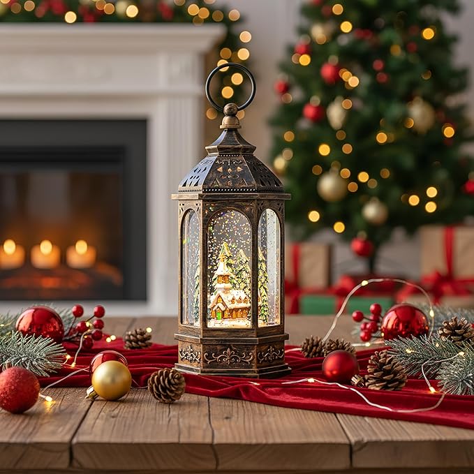 Christmas Snow Globe Lantern Lighted Church Musical Snow Water Lantern Swirling Glittering Home Decoration and Gift, Battery Operated or USB Powered