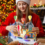 Christmas Village Collectible Buildings Christmas Village Houses Hot Air Balloon with LED Lights Musical USB Indoor Display Figurines Xmas Decoration