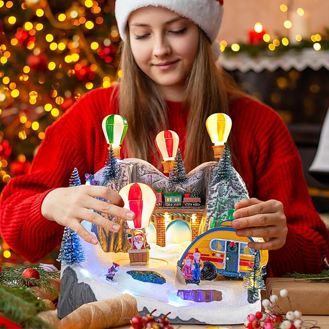 Christmas Village Collectible Buildings Christmas Village Houses Hot Air Balloon with LED Lights Musical USB Indoor Display Figurines Xmas Decoration