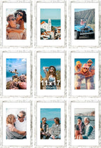 Vittanly 11x17 Picture Frames Set of 9, Shatter Resistant Plexiglass, Display 8x12 Pictures with Mat or 11x17 without Mat, Photo Frames for Wall Mount, Engineered Wood, Distressed White