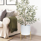 ARNIS Modern Plant Pots, Set of 2 Round Large Planters with Stand, Large Size Metal Pots with Drainage Holes for Living Room, Office, Garden or Balcony, 10.5 &12.25 Inch, White & Gold