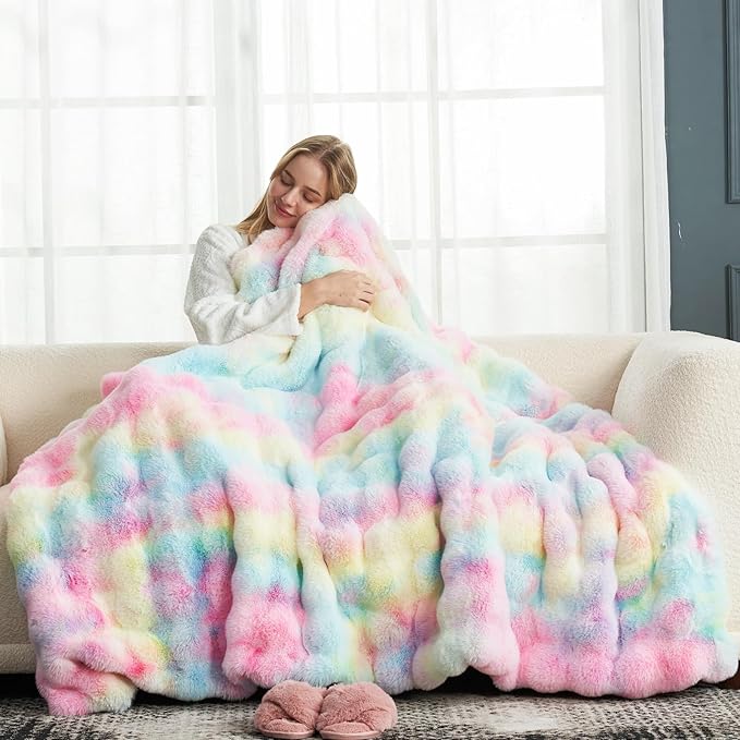 Cozy Bliss Faux Fur Throw Blanket for Couch, Fuzzy Soft Plush Thick Bubble Blanket for Sofa Bedroom Living Room, 60 * 80 Inches Tie-dye Rainbow