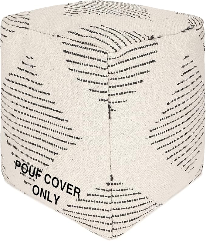 REDEARTH · UNSTUFFED Pouf Ottoman Cover Textured Boho Storage Square Home Decor Poof Pouffe Space Saver Footrest for Living Room, Bedroom, Nursery, Kidsroom; 100% Cotton (18"x18"x18"; Black)