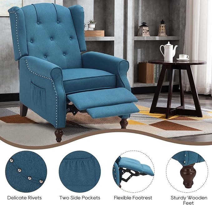Wingback Recliner Chair with Massage and Heat, Tufted Fabric Push Back Recliner Chair for Living Room, Vintage Wingback Chair with Remote Control, Padded Cushion, Backrest, Wooden Legs