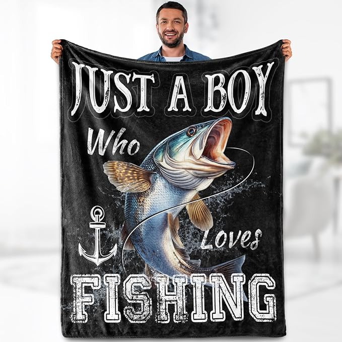 Aimego Fishing Fish Blanket Gifts for Fisherman - Just A Boy Who Loves Fishing Throw for Dad Men Women Adults Soft Fleece Cozy Bed Couch Decor Birthday Christmas Lightweight Blanket 50"x60"