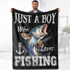 Aimego Fishing Fish Blanket Gifts for Fisherman - Just A Boy Who Loves Fishing Throw for Dad Men Women Adults Soft Fleece Cozy Bed Couch Decor Birthday Christmas Lightweight Blanket 50"x60"