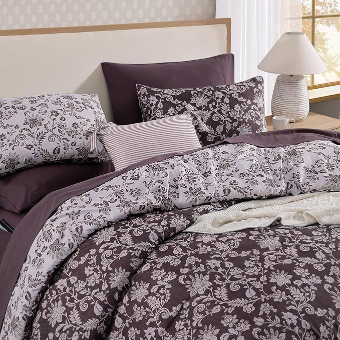 Full Comforter Set -7 Pieces Floral Dark Purple Comforter Set for All Seasons, Bed in a Bag Full with Botanical Flowers Comforter, Sheets, Pillowcases & Shams