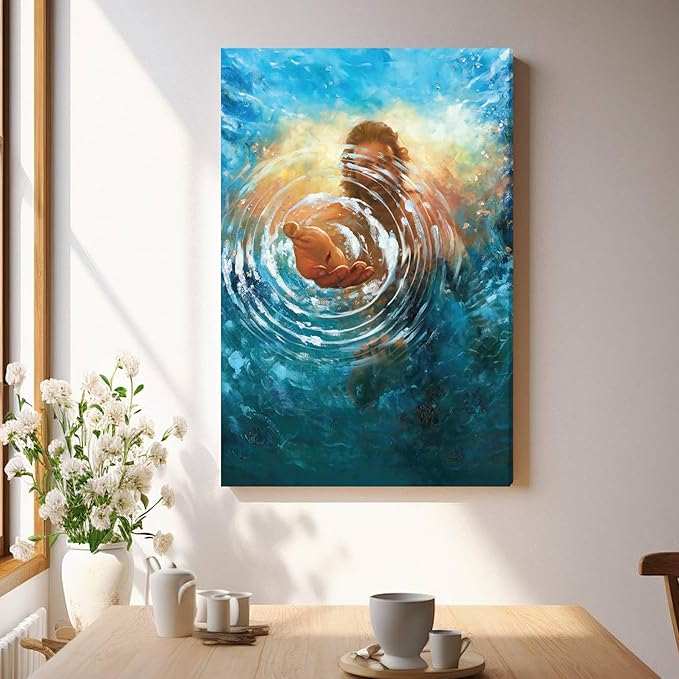 Framed Jesus Christ Canvas Wall Art The Hand of God Jesus Reaching Into Water Christian Painting Prints Biblical Wall Decor Religious Room Decor for Church Prayer Room Schools Hospitals 24" x 36"
