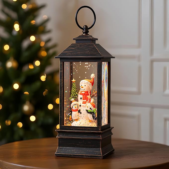 10'' Musical Snow Globe Lantern Lighted Snowman with Penguin Water Lantern Swirling Glittering Home Decoration and Gift, Battery Operated or USB Powered