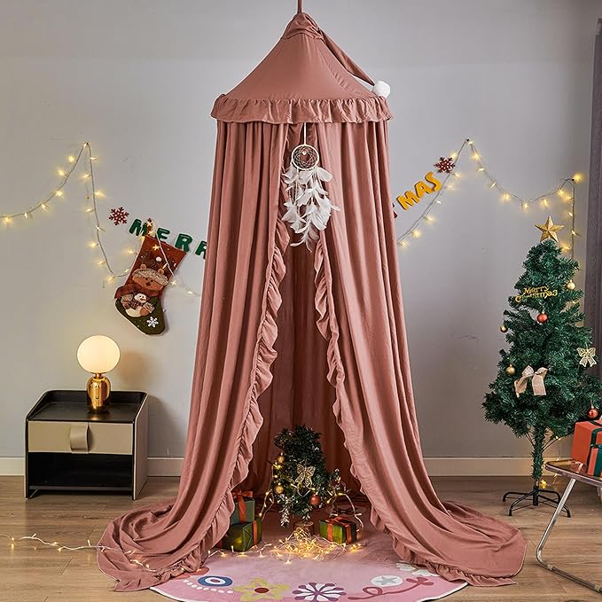 VETHIN Bed Canopy for Girls,Princess Round Dome Dreamy Mosquito Net Bedding Girls Room Castle Play Tent Hanging House Decor Reading Nook Canopies (JujubeRed)