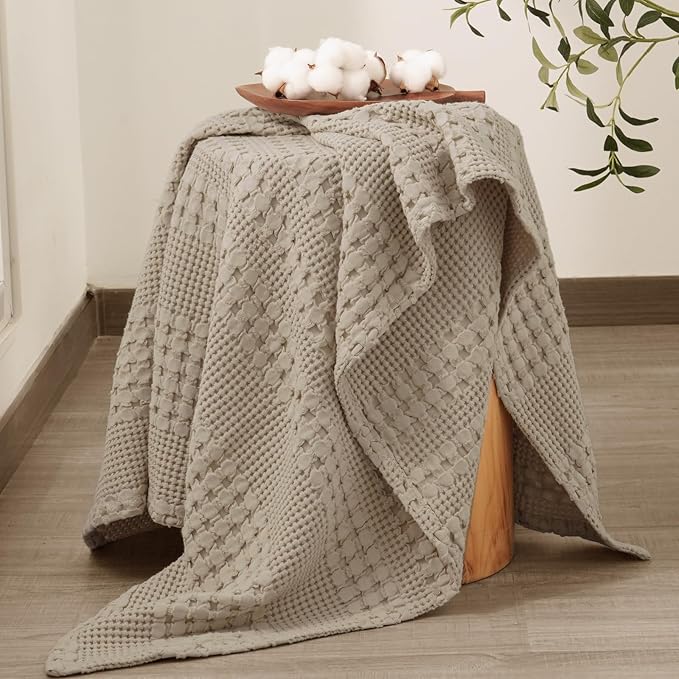 PHF 100% Cotton Waffle Weave Throw Blanket, Soft Lightweight Breathable Cozy Summer Throws for Couch Bed Sofa, Luxury Aesthetic Woven Blanket for Home Decor & Office, 50"x60", Simply Taupe