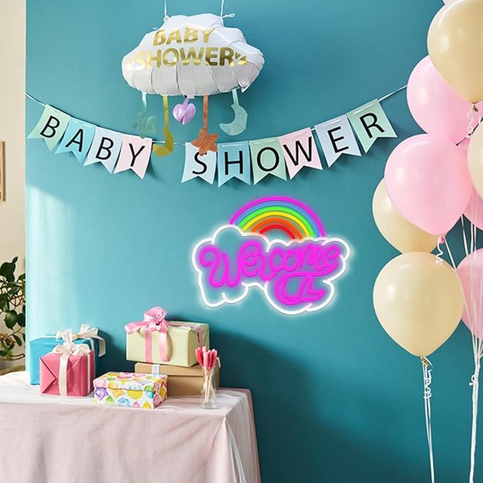LISIGNVE Rainbow Welcome Neon Sign Cloud Light Up Sign Welcome Led Sign Rainbow Neon Light with USB for Bedroom Wedding Party School Business Wall Decor (16.5”*12.6”)