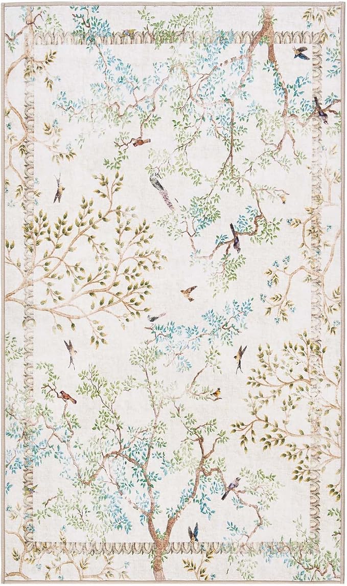 jinchan Botanical Birds 3x5 Ivory Area Rugs for Entryway Washable Non Slip Soft Nature Plants Modern Kids Room Carpet Vintage Ultra Thin Low Pile Rug for Living Room Kitchen Bathroom Front Door
