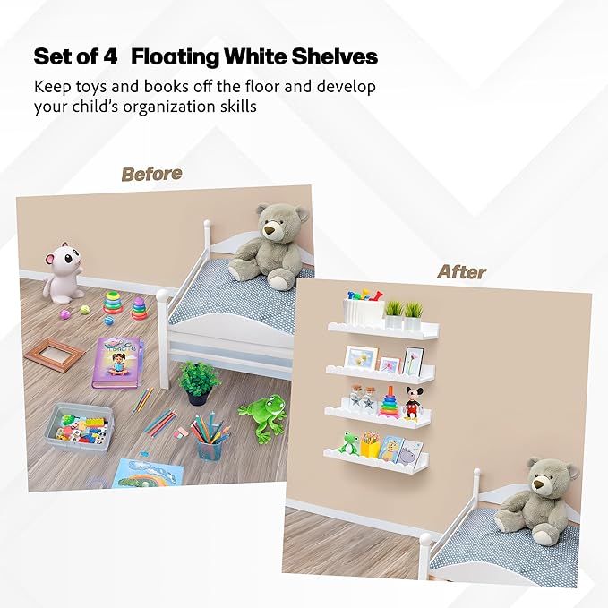 Scalloped Shelves - Set of 4 Pre-Assembled 24inch White Floating Nursery Book Shelves, Scalloped Book Shelf - Kids Wall Bookshelf, Nursery Decor, Floating Shelves for Wall