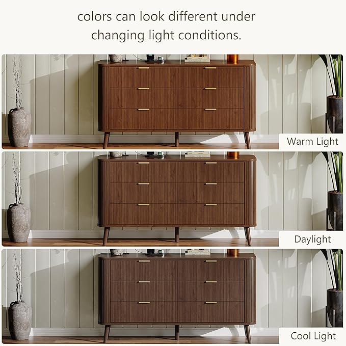 Alohappy Fluted 6 Drawer Dresser with Charging, 57" Wide Wood Dresser TV Stand, Mid Century Modern Long Dressers with Curved Profile Design for Closet, Bedroom Living Room, Hallway, Home Office