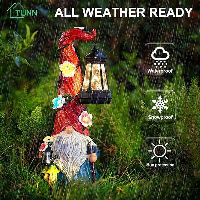 TIJNN Solar Garden Gnome Statue with Lantern, Dwarf Gardener Outdoor Decor for Patio, Yard, Porch Garden Gifts