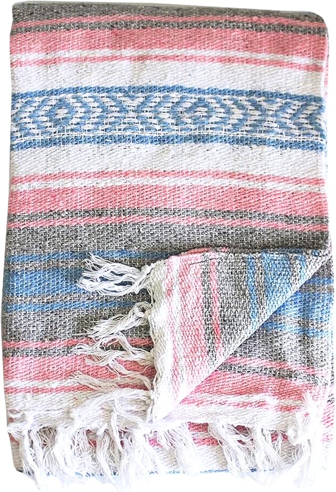 Del Mex Classic Mexican Blanket, Large Authentic Woven Falsa Throw (70"x50"), Artisan Southwest Décor for Beach, Yoga, Outdoors (Light Pink/Blue)