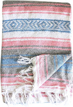 Del Mex Classic Mexican Blanket, Large Authentic Woven Falsa Throw (70"x50"), Artisan Southwest Décor for Beach, Yoga, Outdoors (Light Pink/Blue)