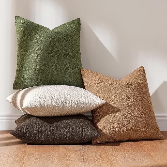 MIULEE Pack of 4 Decorative Textured Boucle Throw Pillow Covers 20x20 Inch Green Brown Accent Solid Pillow Cases Soft Couch Cushion Covers Modern Farmhouse Boho Chair Sofa Bed Livingroom Home Decor
