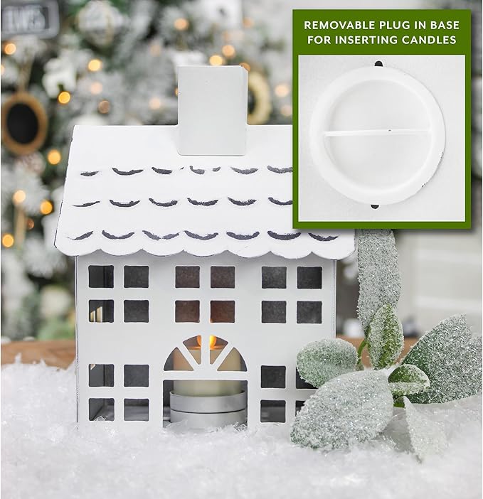 AuldHome Design Farmhouse Christmas Village Collection #2 w/Church, Barn and School (Set of 3, White); Candle Lantern Decorative Christmas Town Display