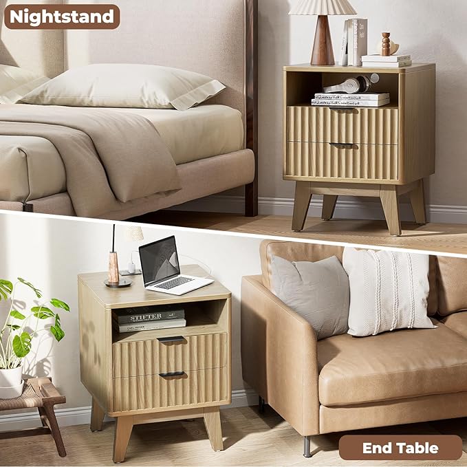 Nightstands with Charging Station, Modern Fluted 2 Drawers End Tables, Side Tables with Storage Shelf for Bedroom, Office, Natural Oak