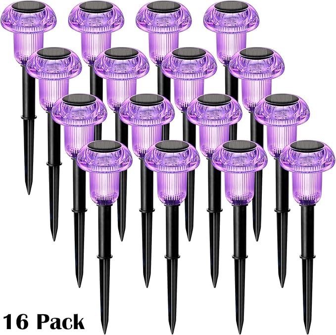 Halloween Solar Lights Outdoor 16 Pack Purple LED Waterproof Mushroom Outside Lights for Yard Garden Patio Pathway Walkway Landscape Halloween Decorations