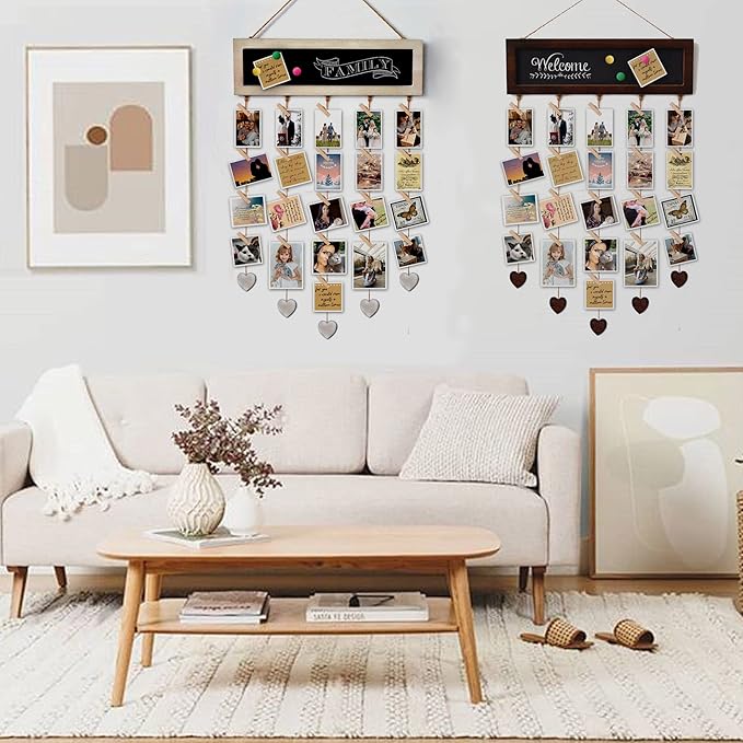 Picture Frames Collage Display Board with 30 Clips - Multi Photos Cards Organizer with Adjustable Twines and Magnetic Blackboard - DIY Wall Decor Hanging Picture Holder 15.7x5 Inches