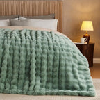 Lotus Karen Faux Fur Throw Blanket Sage Green - Big Bubble Rabbit Fluff Blanket for Couch Bed Sofa,Softest Fluffy Fuzzy Cozy Blanket,Plush Thick Furry Shaggy Warm Blankets for Women,90x90 Inches