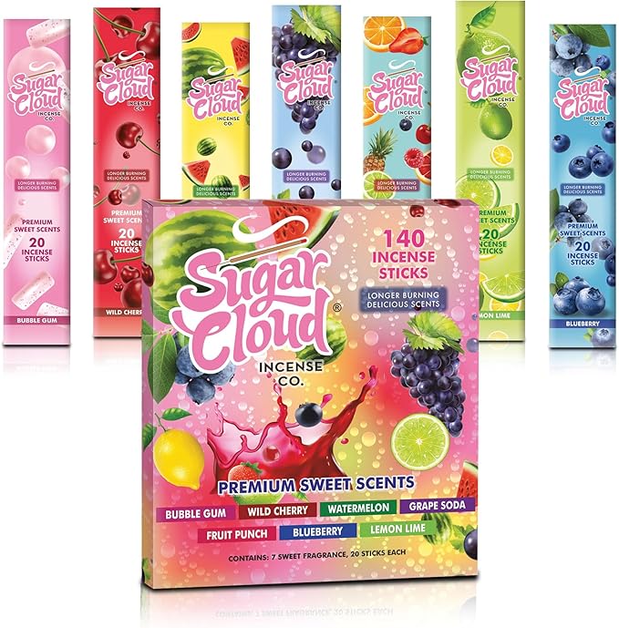 Mecka Sugar Cloud Incense Sticks | Set of 7-140 Insence-Sticks for Meditation & Good Vibes | Wild Cherry, Blueberry, Watermelon Incense Sticks | Premium Slow Burn Long Lasting Organic Insenses