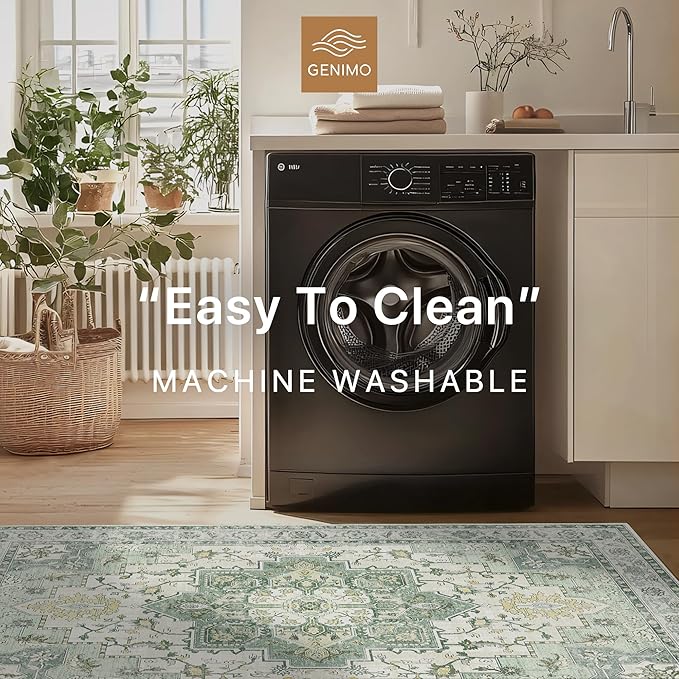 GENIMO 7'6''x9'6'' Area Rugs for Living Room, Machine Washable Non Slip Vintage Rugs, Low Pile Lightweight Chenille Print Rug for Bedroom, Dining Room, Home Office, Green