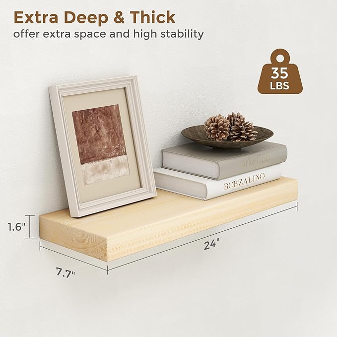 Marsmiles Natural Floating Shelves for Wall - 24 Inch Wooden Floating Shelves Set of 2-24 Inch Wide x 7.7 Inch Deep x 1.6 Inch Thick Natural Wood Shelves for Room Wall