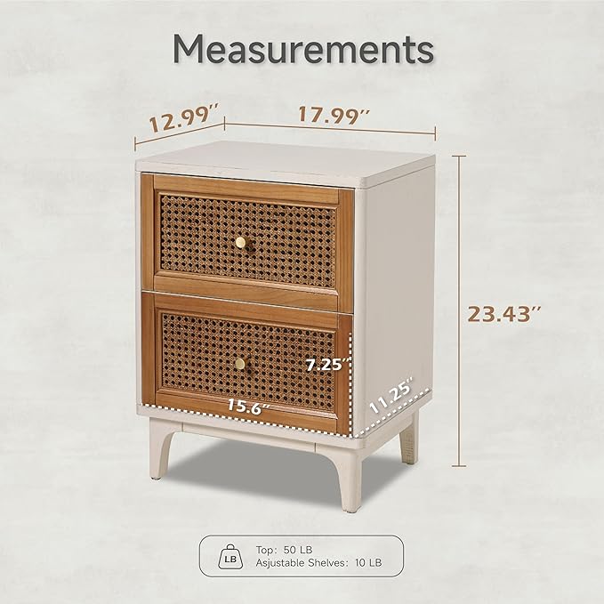 COZAYH Fully-Assembled 2-Drawer Woven Cane Front Accent Nightstand with Brass Knobs, Distressed White