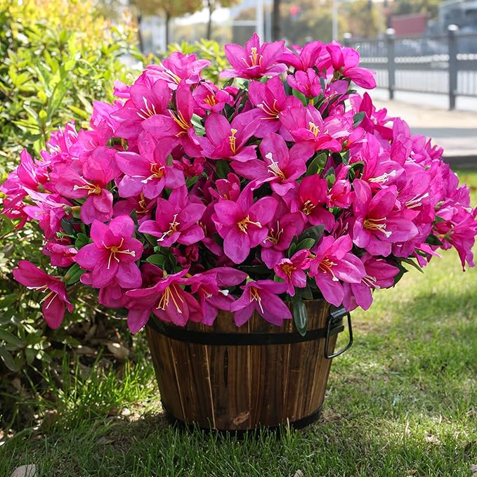 Artificial Flowers for Outdoors, 3 Bundles Fake Silk Azalea Bouquet Faux Flower Plants Outside Decoration UV Resistant Realistic Fake Flowers for Planter Front Door Patio Garden Walkways Home, Fuchsia