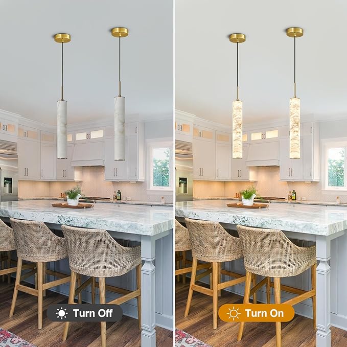 LMQNINE Natural Alabaster Pendant Lights for Kitchen Island White Marble Long Tube Chandelier Modern Gold Ceiling Light Fixtures for Bedroom Dining Room Table Living Room Hallway(M-3Pack)