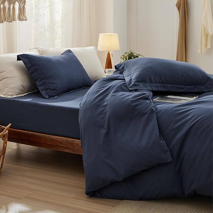 Bedsure Duvet Cover King Size with Fitted Sheet - 4 Pieces Prewashed Cotton-Like Extra Soft Bedding Set, Includes 1 Duvet Cover 104x90 Inches with Zipper Closure, 2 Pillow Shams, 1 Fitted Sheet, Navy