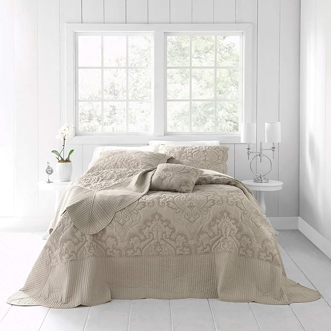 BrylaneHome Bedding Lightweight All Season Modern Amelia Quilted Damask Oversized Ultra Soft Bedspread - King, Taupe