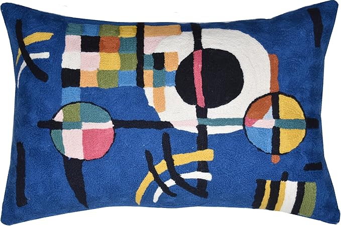 Lumbar Kandinsky Blue Modern Pillow Cover - Counterweights Mid-Century Chair Cushions Blues Abstract Pillowcase Contemporary Sofa Pillowsham Handembroidered Wool Size 14x20