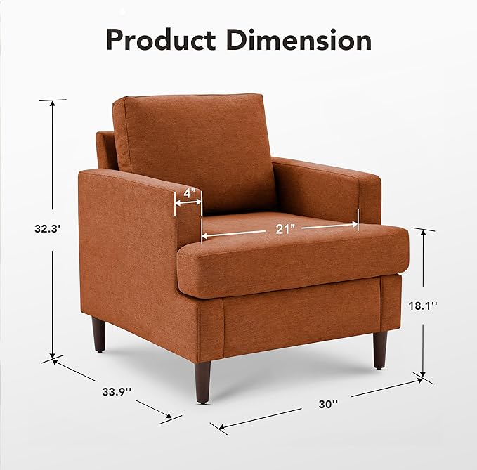 Mid-Century Accent Chair,Modern Linen Fabric Armchair for Living Room,Comfy Upholstered Reading Accent Chairs for Bedroom,Single Sofa Chair with Wood Legs (Orange, 2 Pack)