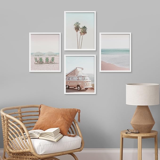 SIGNWIN Framed Collage Print Gallery Set 1980s Retro Miami Wall Art, Set of 4 Beach Landscape Wall Decor Prints, Nature Wilderness Wall Décor for Living Room, Bedroom - 12"x16" White