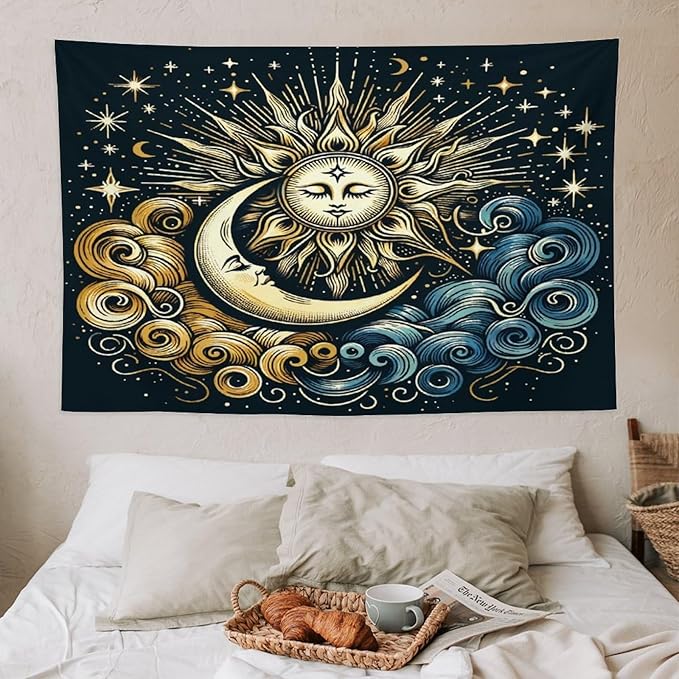 HZOHNAGO Sun Moon Tapestry Boho Golden Stars Pattern Printed Wall Tapestry Wall Hanging for Bedroom Living Room Dorm 60" W x 40" H
