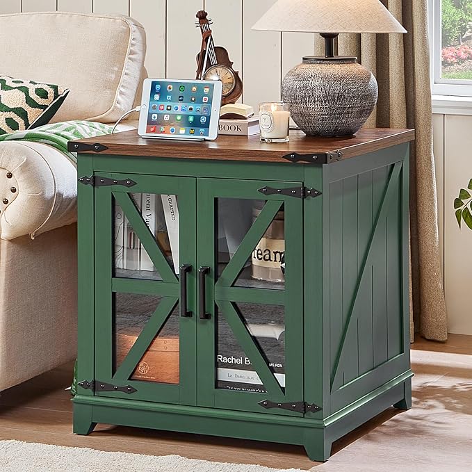 Farmhouse End Table with Charging Station, 24" Large Sofa Side Table with Glass Barn Door, Green Nightstand with Adjustable Storage Shelf, Wood Square Bedside Table for Living Room, Bedroom