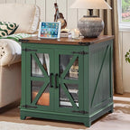 Farmhouse End Table with Charging Station, 24" Large Sofa Side Table with Glass Barn Door, Green Nightstand with Adjustable Storage Shelf, Wood Square Bedside Table for Living Room, Bedroom