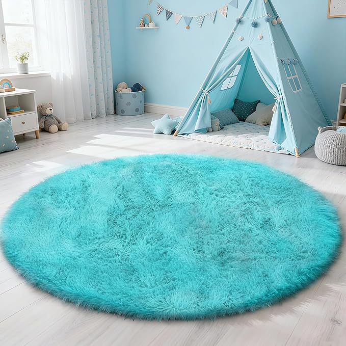 Soft Round Area Rug for Kids Bedroom, Fluffy Fuzzy Shaggy Rug 6'X6'for Living Room, Non Slip Circle Plush Rug for Girls Room Nursery Dorm Decor,Light Blue