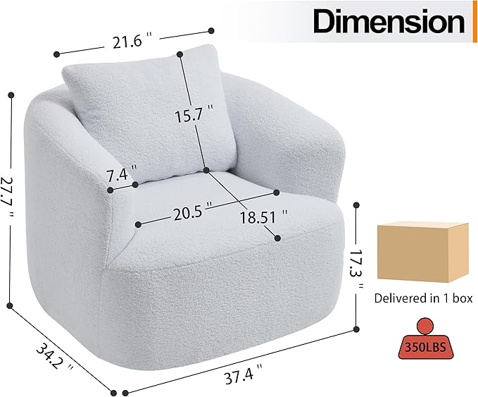 Luxlen Swivel Accent Chair with Pillow for Living Room, Teddy Fleece Upholstered Single Sofa, 360° Rotating Barrel Chair with Metal Base for Bedroom, Office, Apartment - White