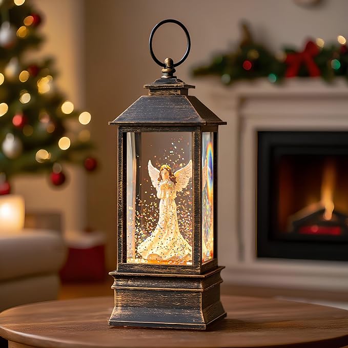 10'' Musical Snow Globe Lantern Lighted Angel with Dove Water Lantern Swirling Glittering Home Decoration and Gift, Battery Operated or USB Powered