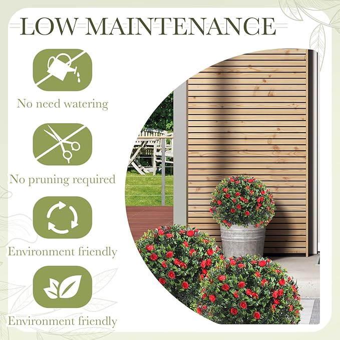 Yunlly Set of 2 Artificial Boxwood Topiary Ball Tree Fake Bushes Shrubs Outdoor Faux Plant with Ground Spike Flowers UV Resistance Greenery for Front Porch Garden Patio Indoor(Red,18x10inch)