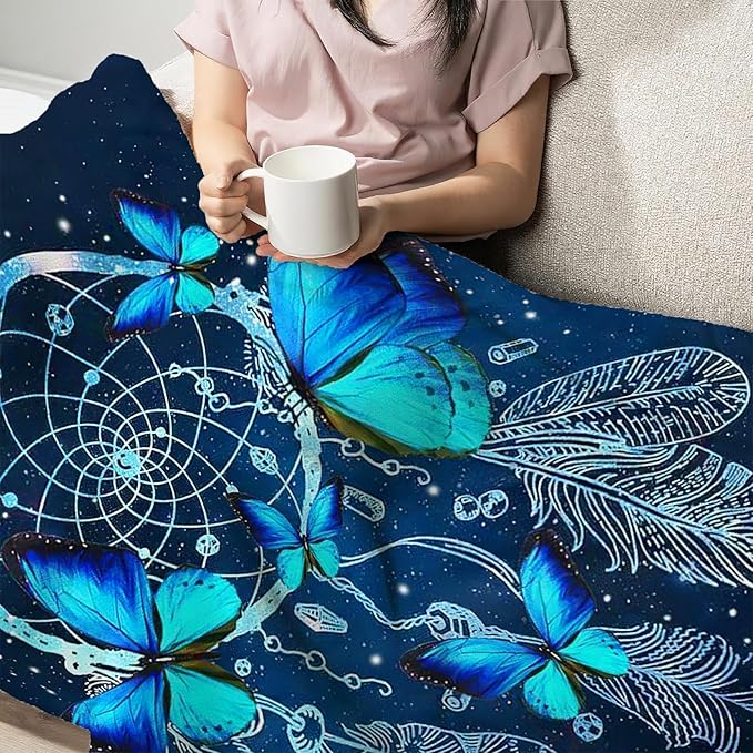Blue Butterfly Blanket for Womens Girls Dream Catcher Throw Blanket Gifts for Kids Boys Soft Warm Cozy Flannel Blanket for Couch Sofa Bed 50"x60"