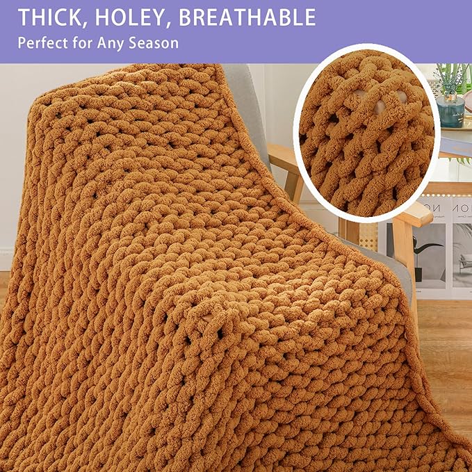 Bigacogo Chunky Knit Throw Blanket for Couch, 40x80 inches, 100% Hand Knitted with Thick Jumbo Chenille Yarn, Cozy Soft Large Rope Knot Cable Crochet Blankets for Sofa Bed Living Room, Burnt Orange
